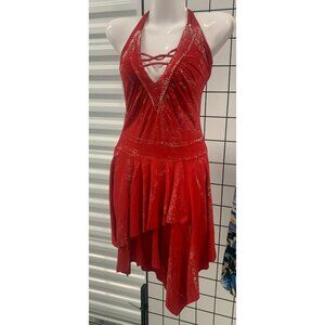 Red Halter Neck Dance Costume With Silver Glitter Accents & Asymmetrical Skirt